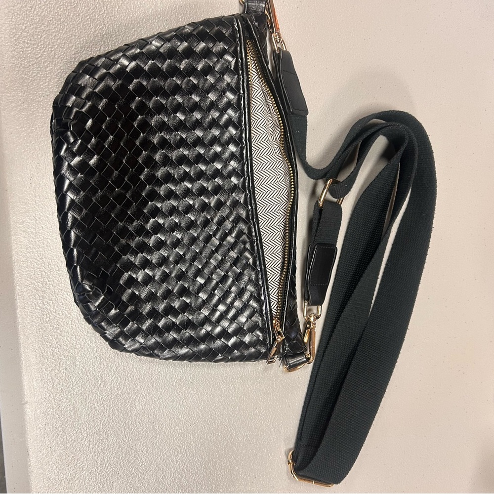 Black Woven Crossbody Bag with Wide Strap - Women